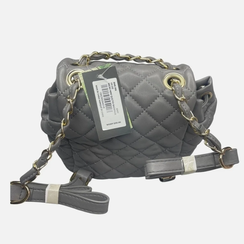 Badgely Mischka quilted mini  backpack, gray with gold tone hardware NWT